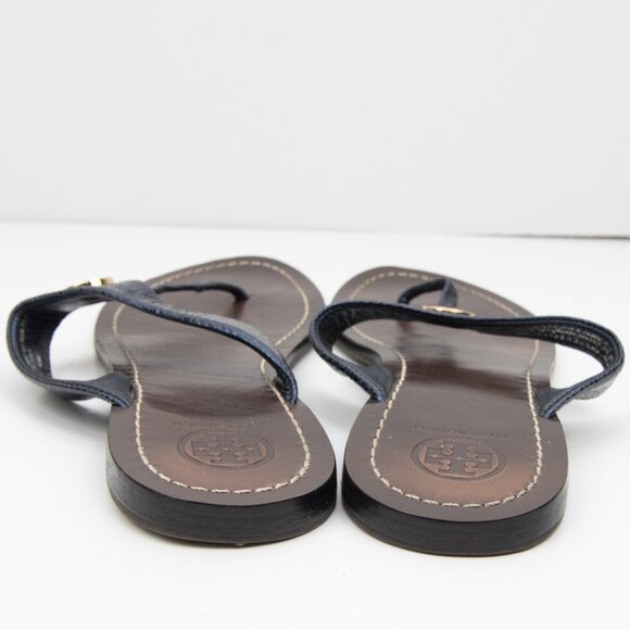 Tory Burch Cameron Sandals Metallic Embossed Crackled Leather Thong Blue 8.5 - Picture 3 of 7